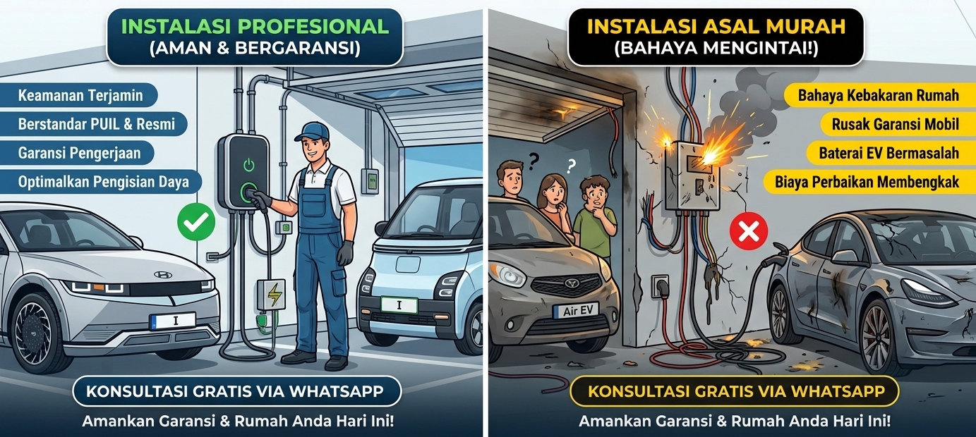 Perbandingan instalasi charger EV profesional dan instalasi charger mobil listrik asal-asalan